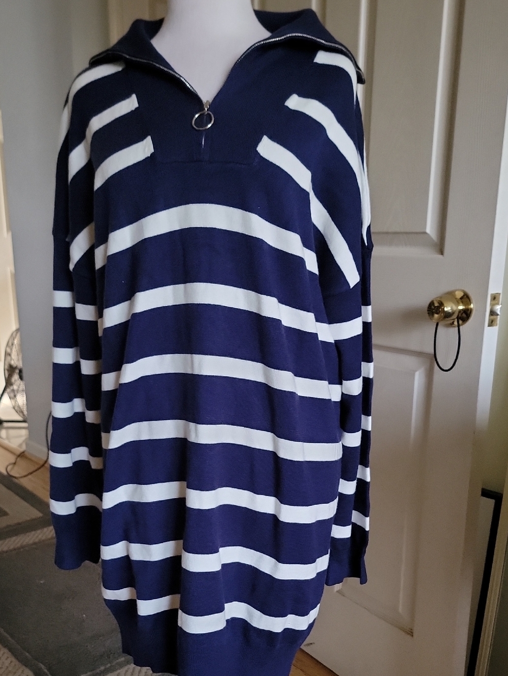 Navy and White Striped Pullover with Zip Collar